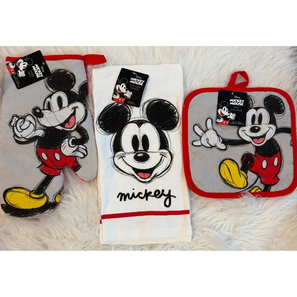 Disney Mickey Mouse 3pc Kitchen Set Towel Oven Mitt Pot Holder Red Grey White